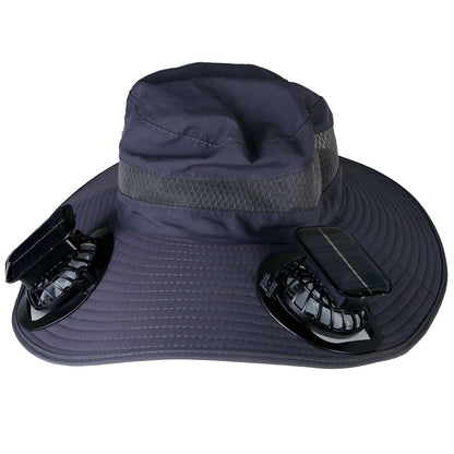 Solar powered sun hat with dual fan vents, navy; wide brim and raised crown