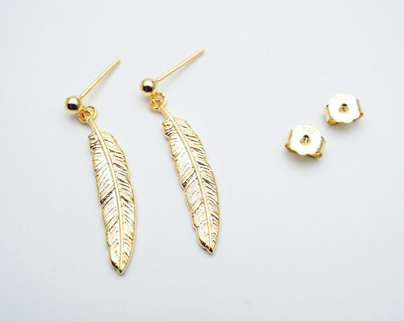 Japanese light luxury jewelry s925 sterling silver plated 18K gold vintage feather earrings Simple Japanese and Korean earrings jewelry