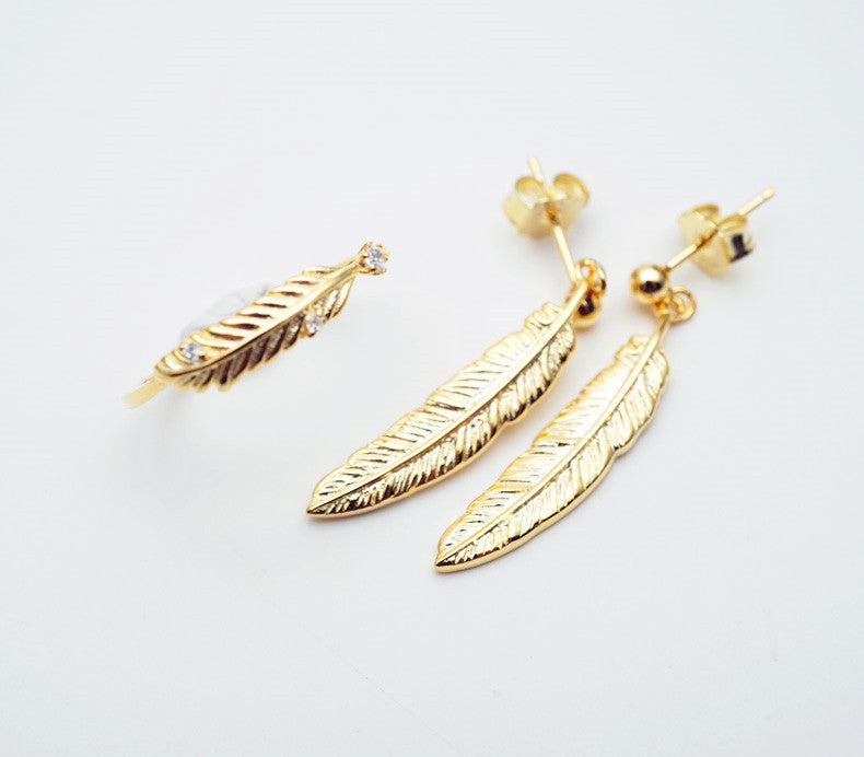 Japanese light luxury jewelry s925 sterling silver plated 18K gold vintage feather earrings Simple Japanese and Korean earrings jewelry