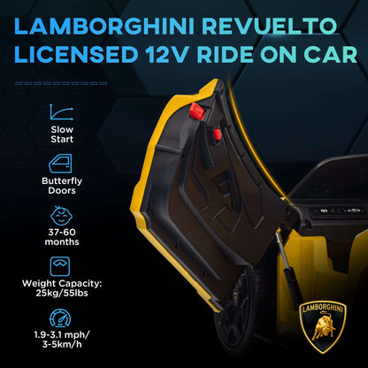 Yellow 12V kids ride-on car with butterfly-style doors open