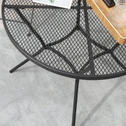 Black metal mesh tabletop rim with curved support legs of a round bistro table