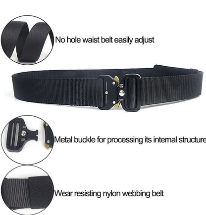 Cobra Buckle Tactical Belt featuring no hole adjustment, metal buckle, and wear-resistant nylon webbing for durability.