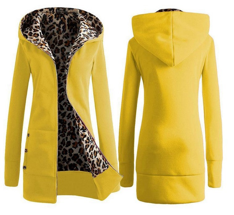 Hooded Thickening Leopard Print Sweater Plush Coat Female