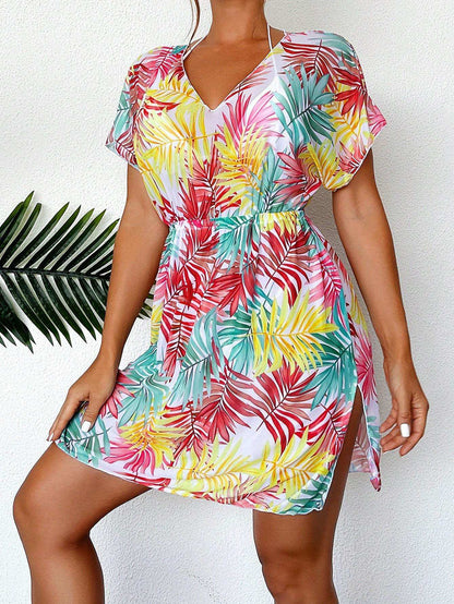 Swim Lushoire Summer Beach Tropical Print Batwing Sleeve Dress