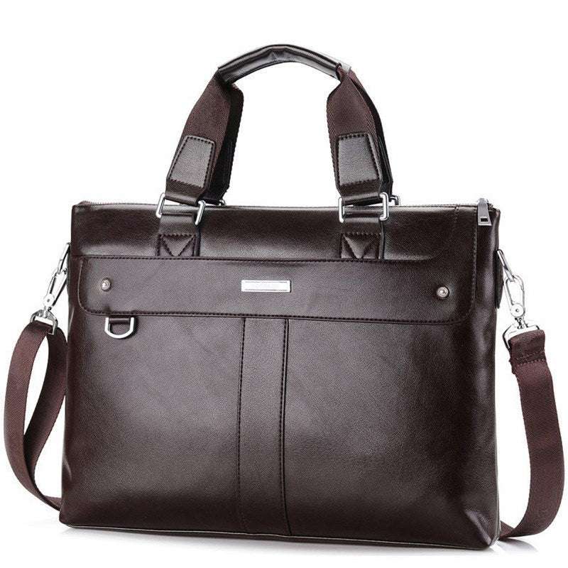 Dark brown leather briefcase messenger bag with top handle, front zipper, and strap