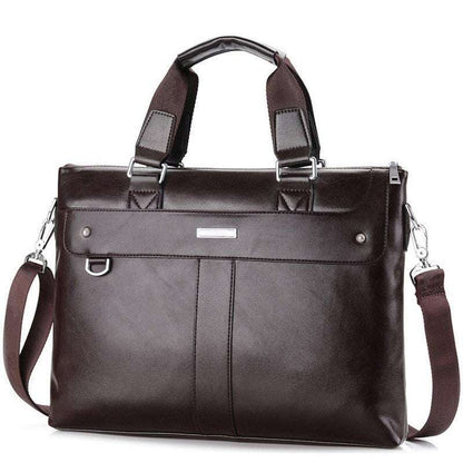 Dark brown leather briefcase messenger bag with top handle, front zipper, and strap