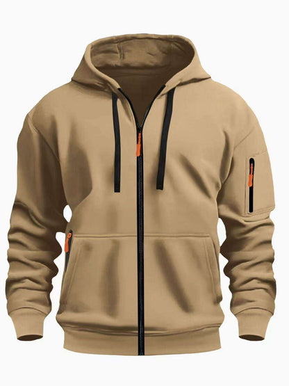 Men's zip-up hooded sweatshirt in khaki with drawstring hood and front zipper