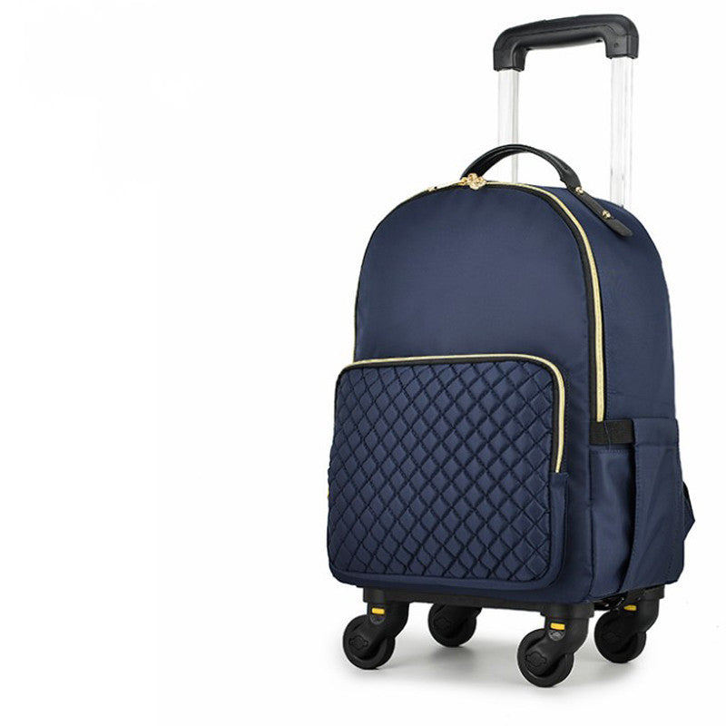 Women’s canvas trolley backpack, navy with quilted front pocket, retractable handle