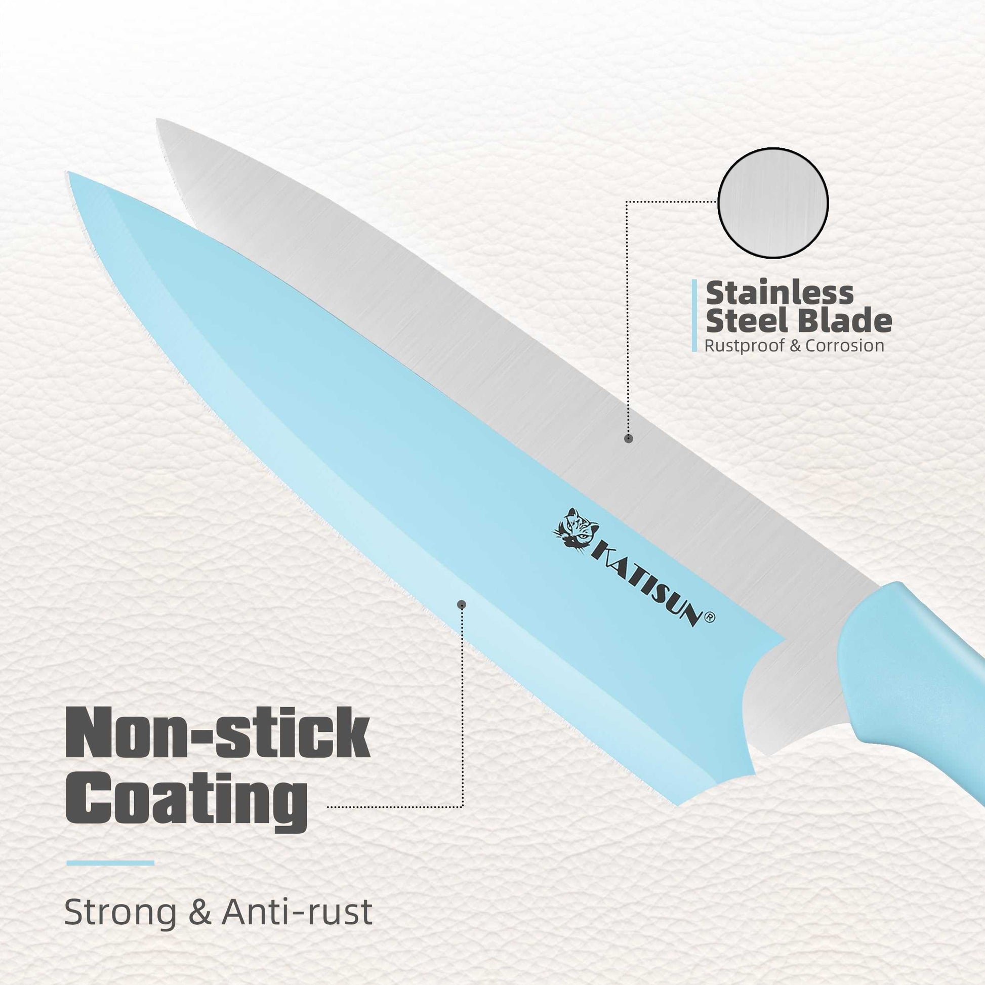 Light blue kitchen knife with non-stick coated stainless steel blade