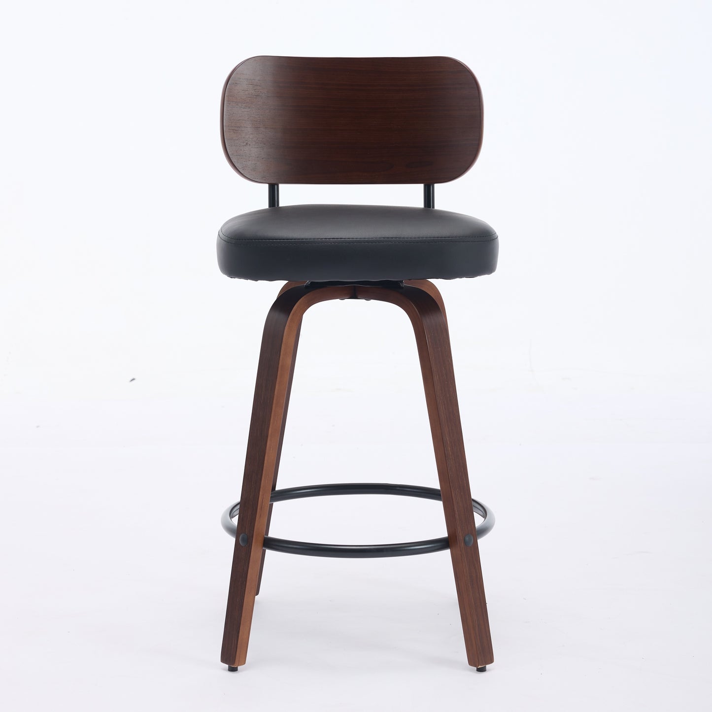 Set of 2 Swivel Counter Stools - Black Faux Leather & Walnut Back