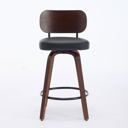Swivel counter stool with black faux leather seat, walnut back, swivel base