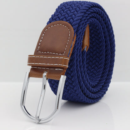 Simple Stretch And Breathable Canvas Woven Belt featuring a navy blue woven design and brown leather accents.