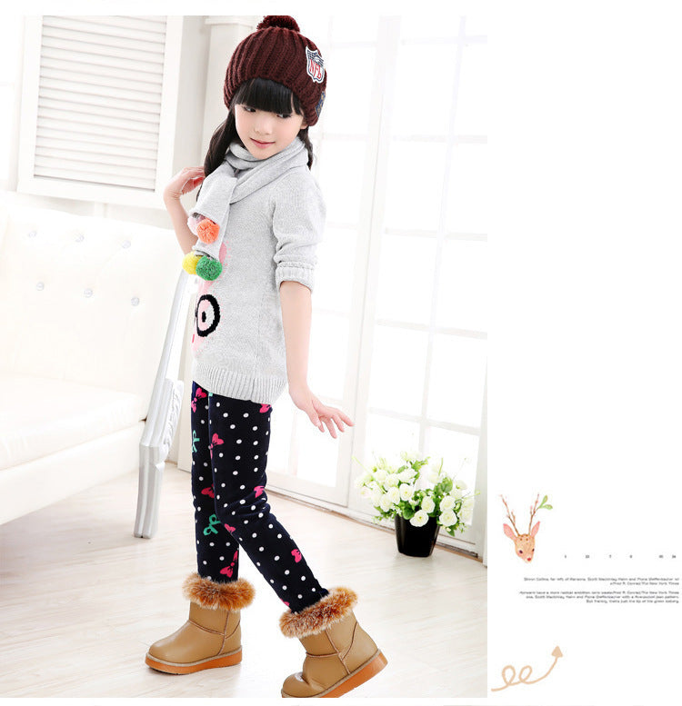 Girls' warm leggings with dark base and small colorful polka dots