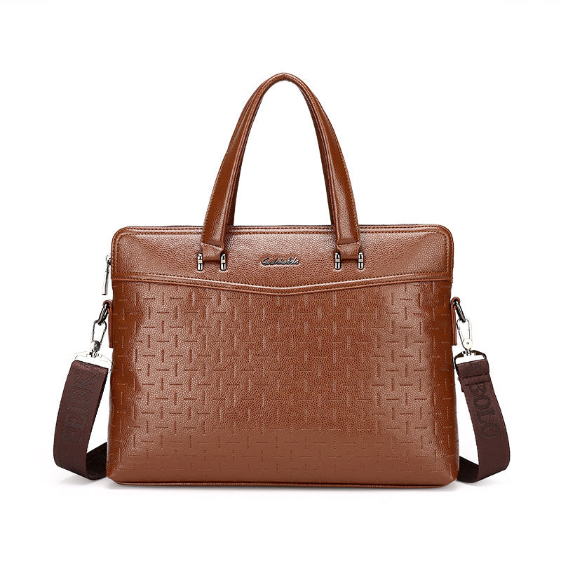 Brown leather briefcase with repeating logo pattern, top handles and adjustable shoulder strap