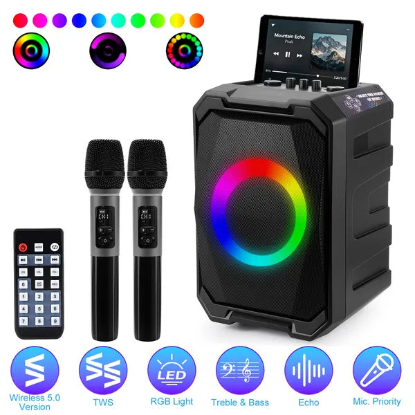 Wireless Party Speaker with 2 Mics | TWS Bass & LED Bluetooth Speaker
