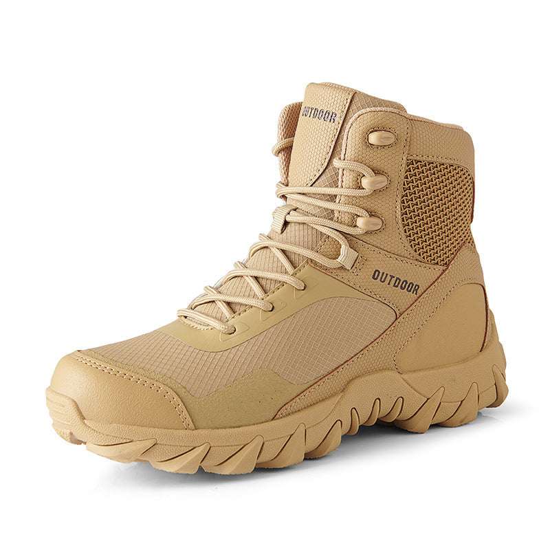 Beige tactical combat boots with lace-up closure and breathable mesh side panel