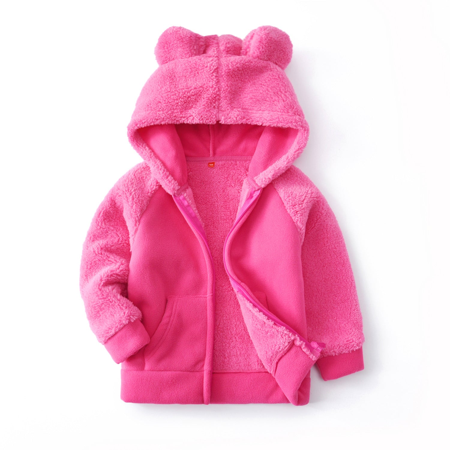 Pink hooded zip-up fleece jacket for girls with teddy-bear ear hood