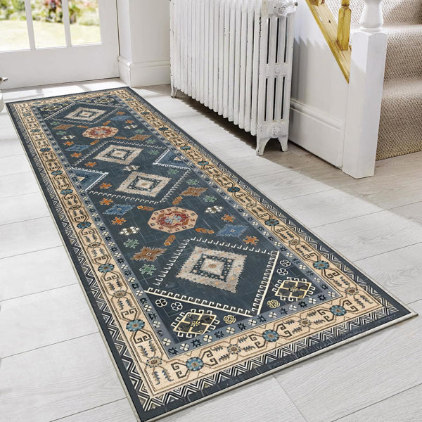 Boho kitchen runner rug in dark blue with medallion pattern and decorative border