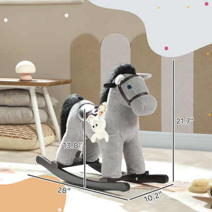 Gray plush rocking horse with rabbit doll accessory and black rockers, side view