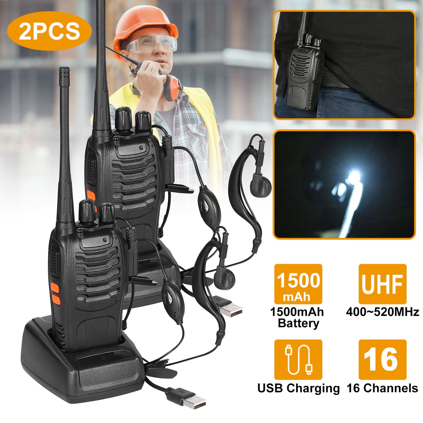 2-Pack Baofeng BF-888S Walkie Talkies | 16CH Long Range UHF Two-Way Radio