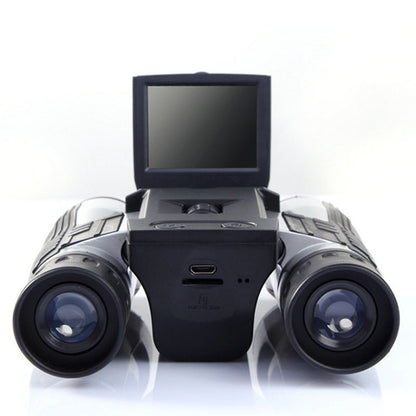 Black binoculars with a small screen on a white background