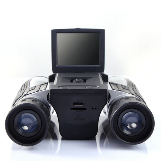 Black binoculars with a small screen on a white background
