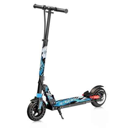 Blue electric scooter with front disc brake and black handlebar grips