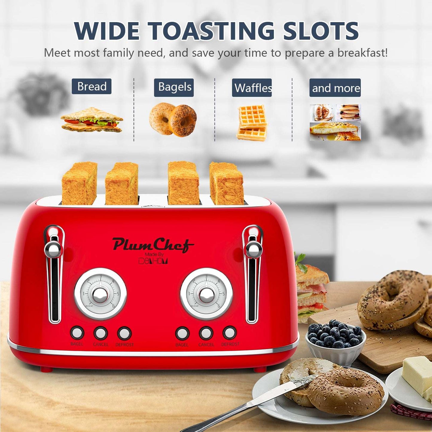 Red retro 4-slice toaster with bread slices in wide slots and two control dials