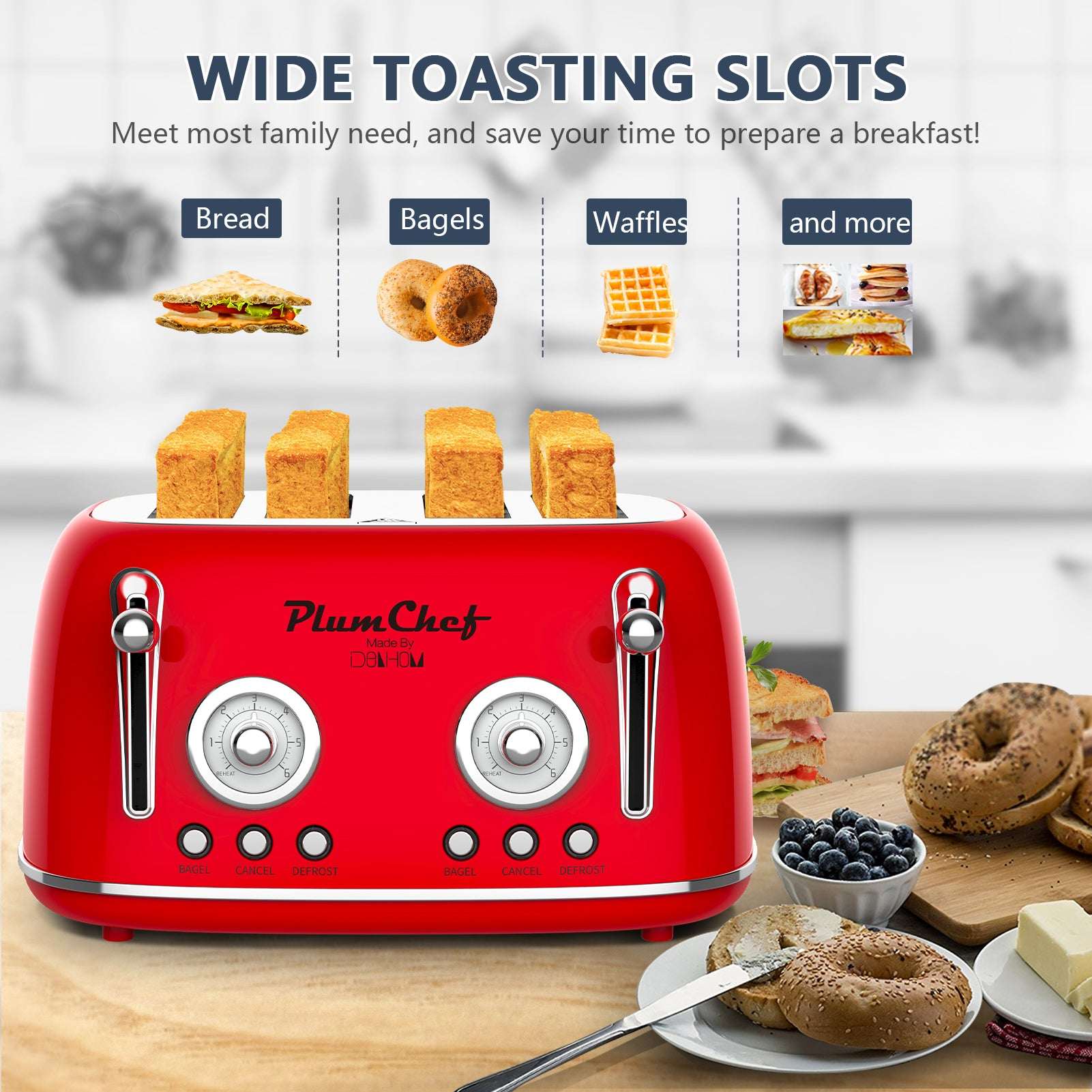 Red retro 4-slice toaster with bread slices in wide slots and two control dials