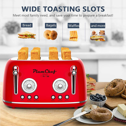 Red retro 4-slice toaster with bread slices in wide slots and two control dials