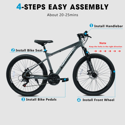 Mountain bike on white background with seat, handlebar, pedals, and front wheel shown