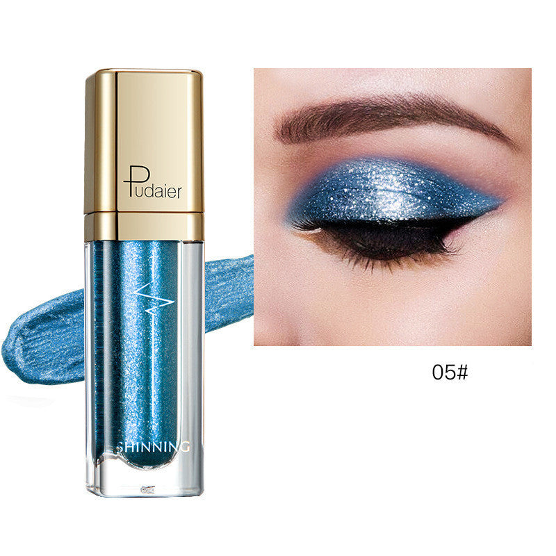 Glitter eyeshadow tube with blue shimmer; swatch on eyelid, shade 05#