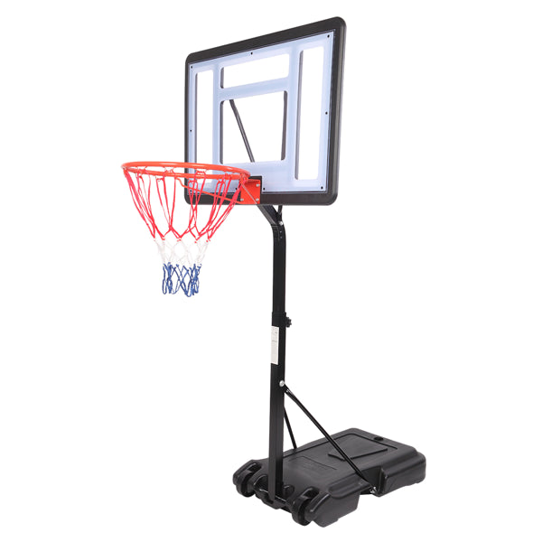 Portable basketball hoop with red rim and blue net on adjustable pole and base