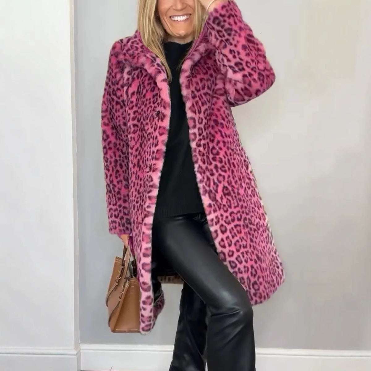 Cozy Leopard Print Mid-Length Coat Fall Winter Leopard Print Plush Mid-leng | Ectron Online
