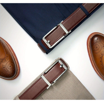 Brown leather boys belt with silver buckle and snap closure.