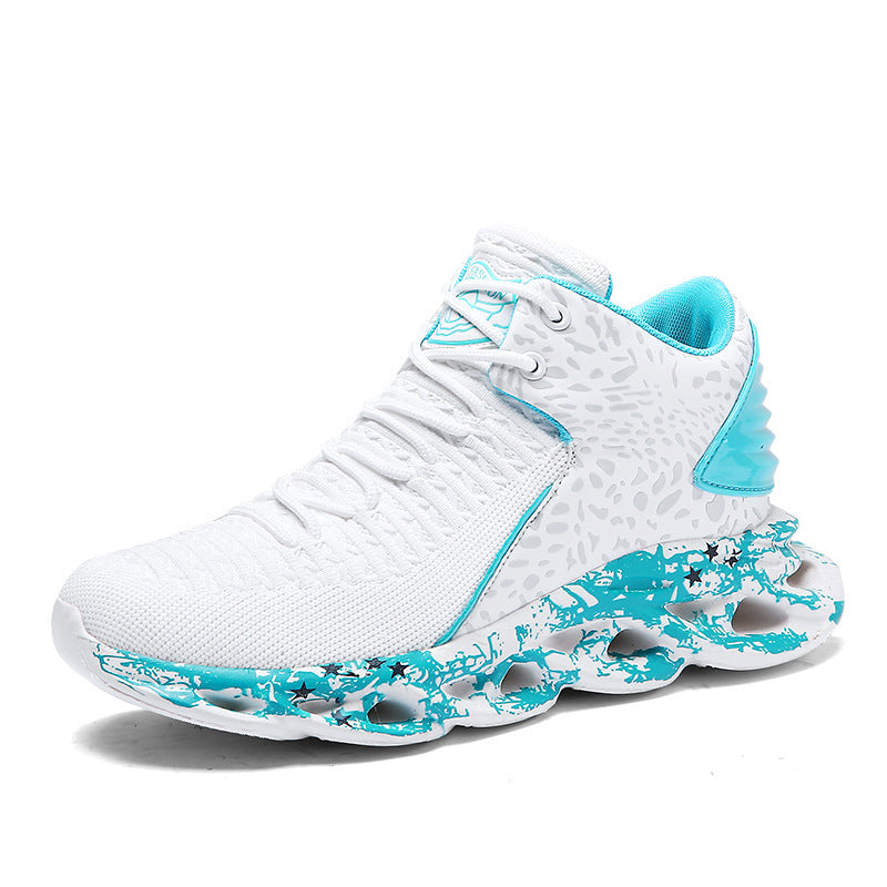 White and light-blue graffiti high-top sneakers with lace-up closure and thick tread sole