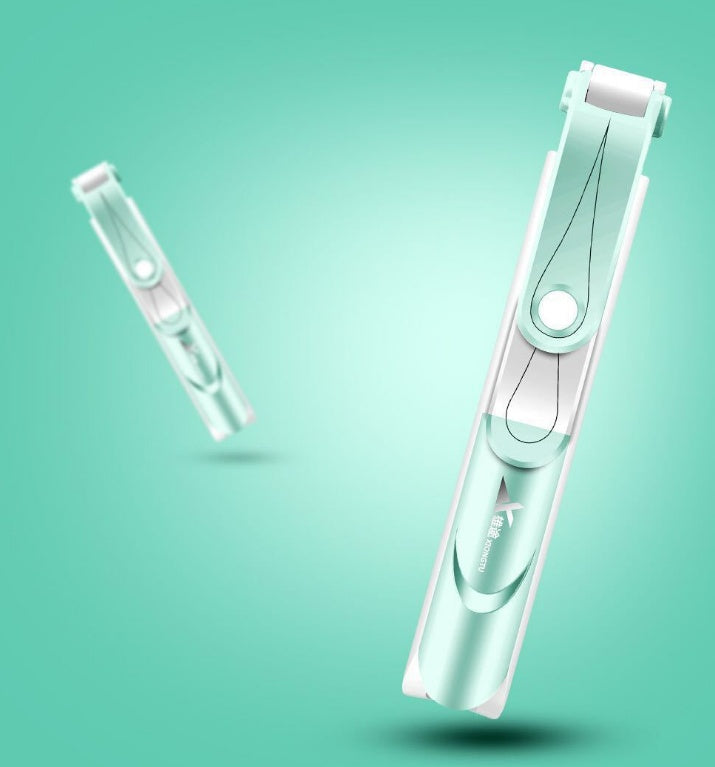 Mint green and white selfie stick and tripod with phone clamp
