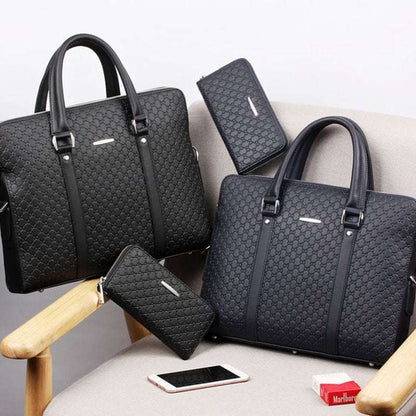 Embossed letter pattern bag set with two briefcases and a zip wallet, black