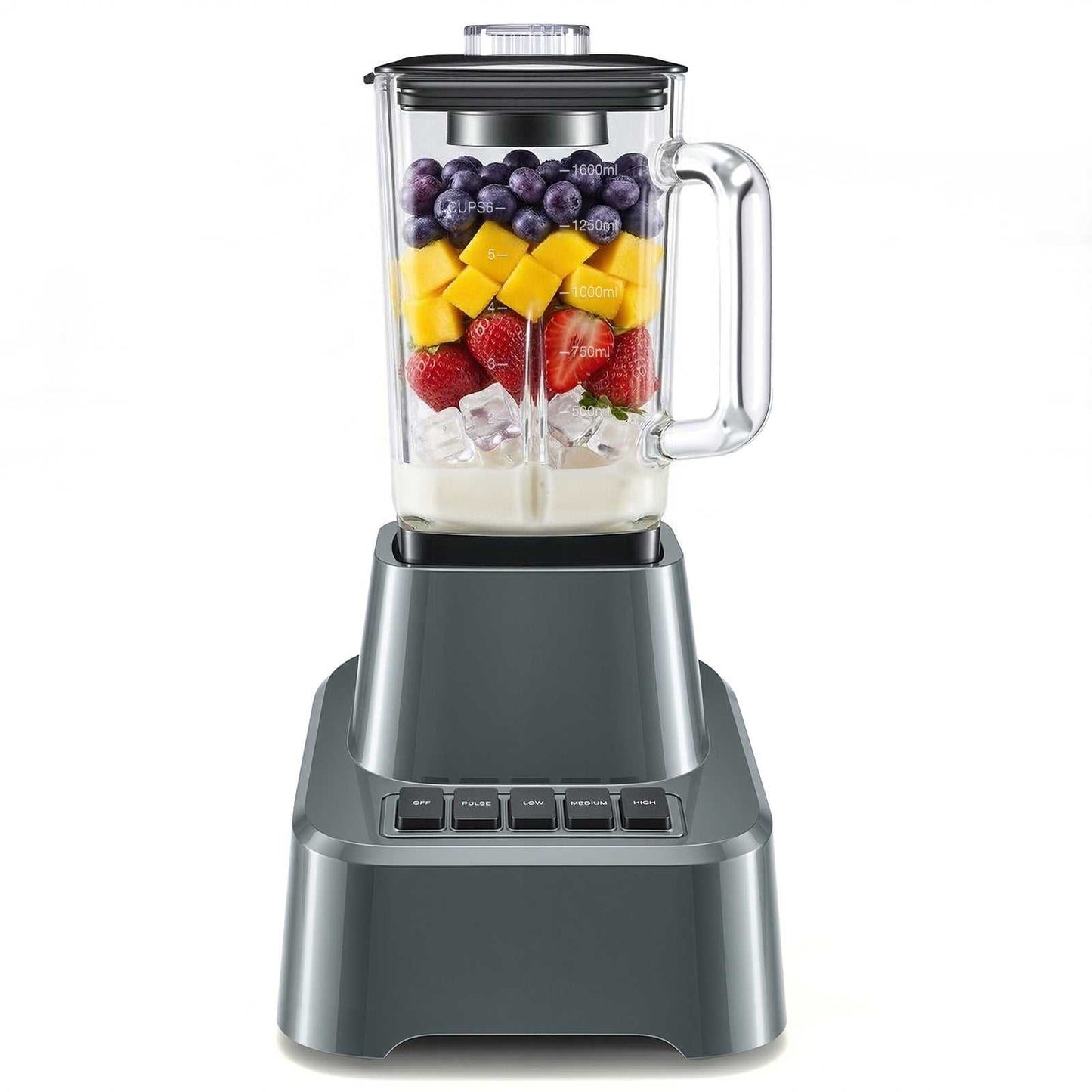 54oz glass jar ice cream blender with grey base and lid; fruit and ice inside
