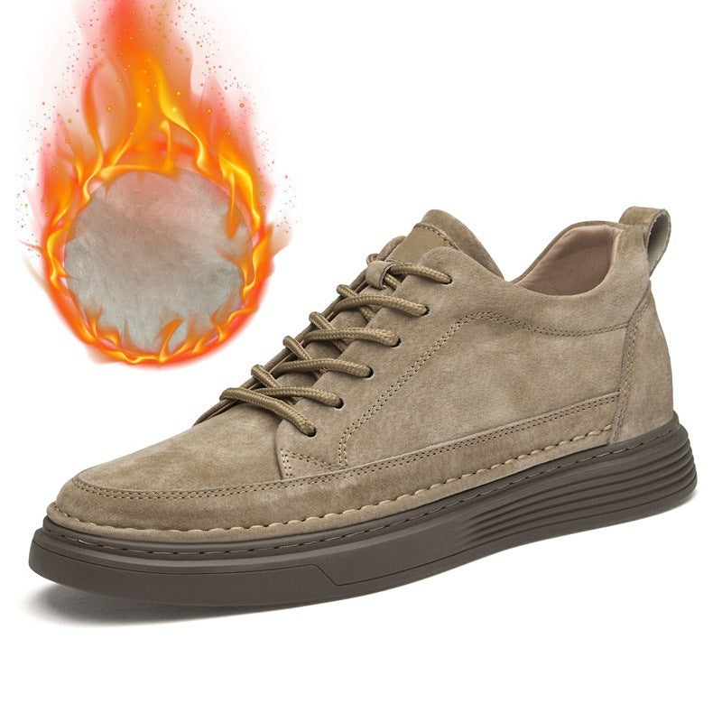 Sand suede lace-up board shoes with thick striped rubber sole and stitched panel seams