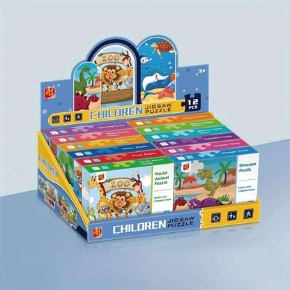 Boxed children’s jigsaw puzzle set with zoo animal artwork and 12 pieces shown