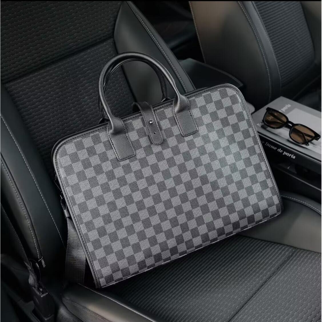 Plaid checkered briefcase file bag with top handles, front pocket