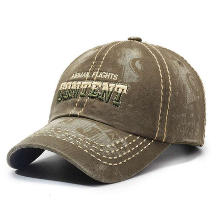 Washed olive-brown baseball cap with embroidered front logo and curved brim, contrast stitching