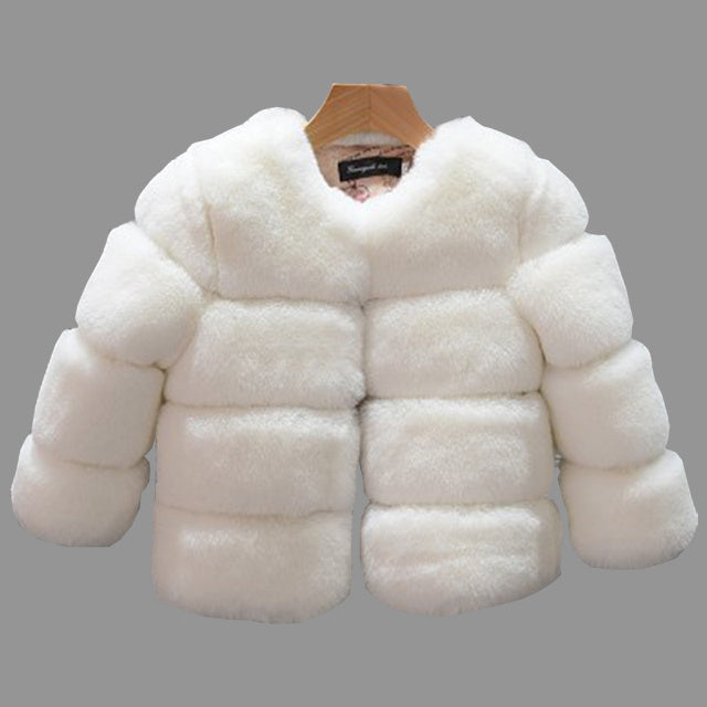 Kids faux fur coat, white quilted puffer with front button closure and long sleeves