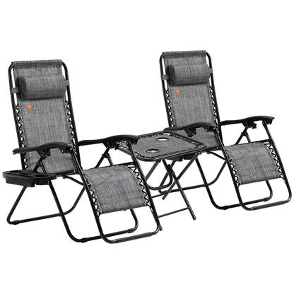 Grey folding reclining lounge chairs set with black metal frames and a round side table