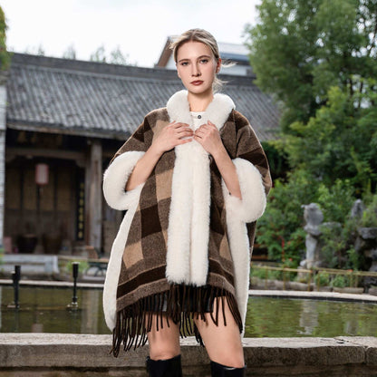 New Plus Size Cloak Hooded Fleece-lined Thickened Fur Shawl Loose Versatile Coat