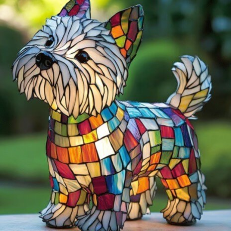 Colorful mosaic dog lamp with long fur, standing posture