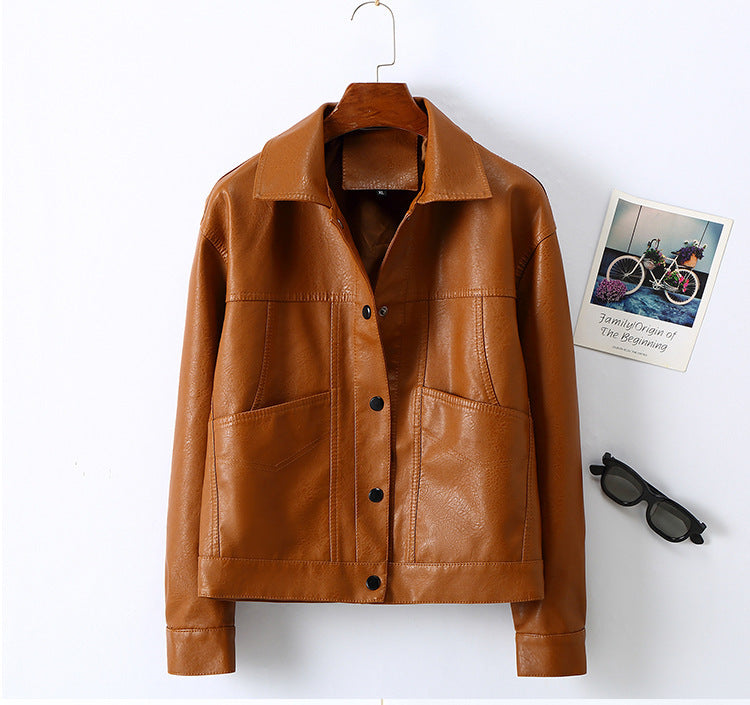 Women's Lapel Short Small Leather Coat