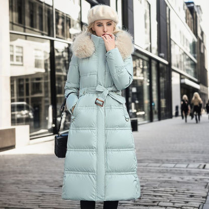 Women's Slim Long Winter Jacket | Fur Hooded Coat with Waist Belt Winter Slim Long Jacket With Fur Hood An | Ectron Online