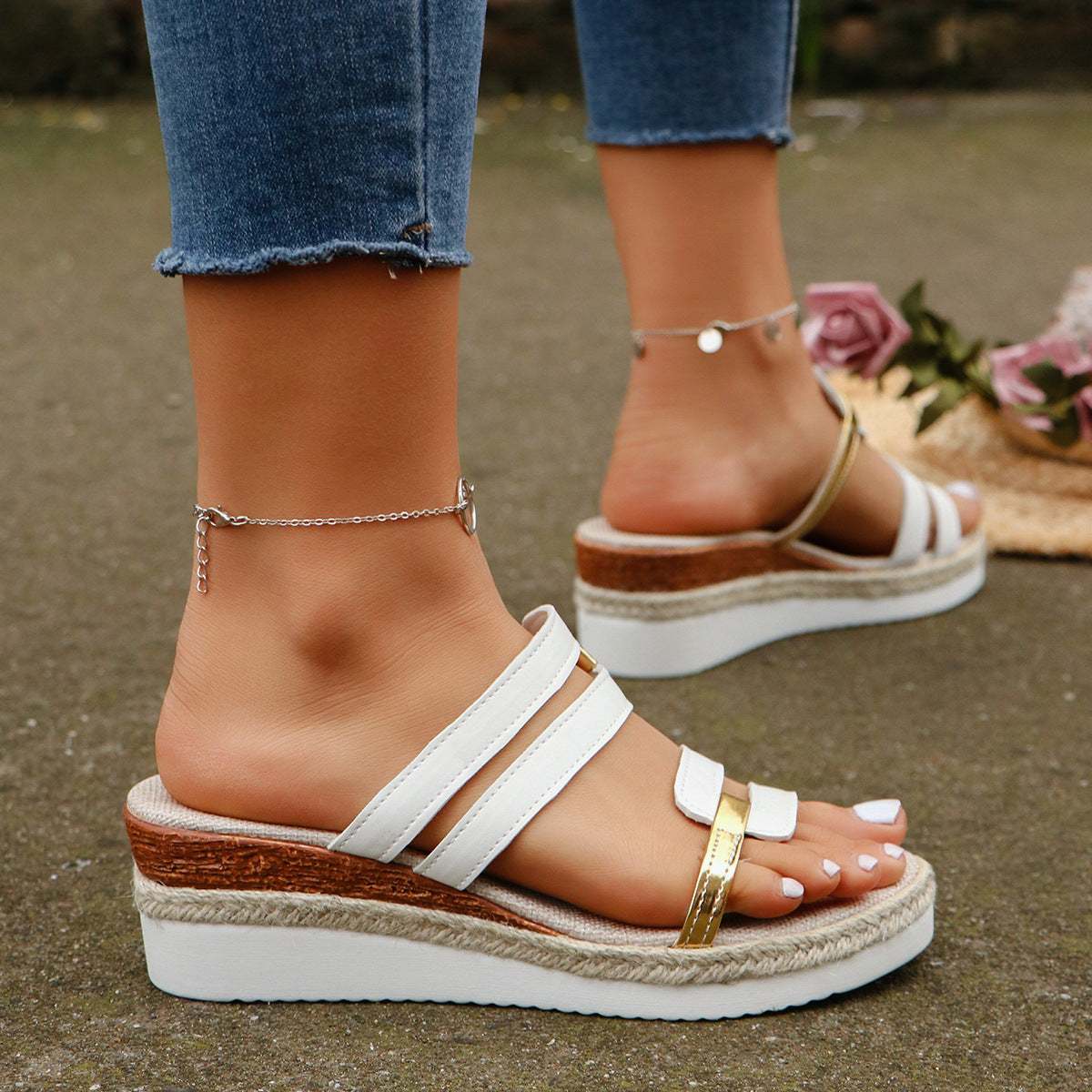 Colorblock-strap Wedges Sandals Summer Fashion Hemp Heel Slides Slippers Outdoor Thick Bottom Fish Mouth Shoes For Women Colorblock-strap Wedges Sandals Summer F | Ectron Online